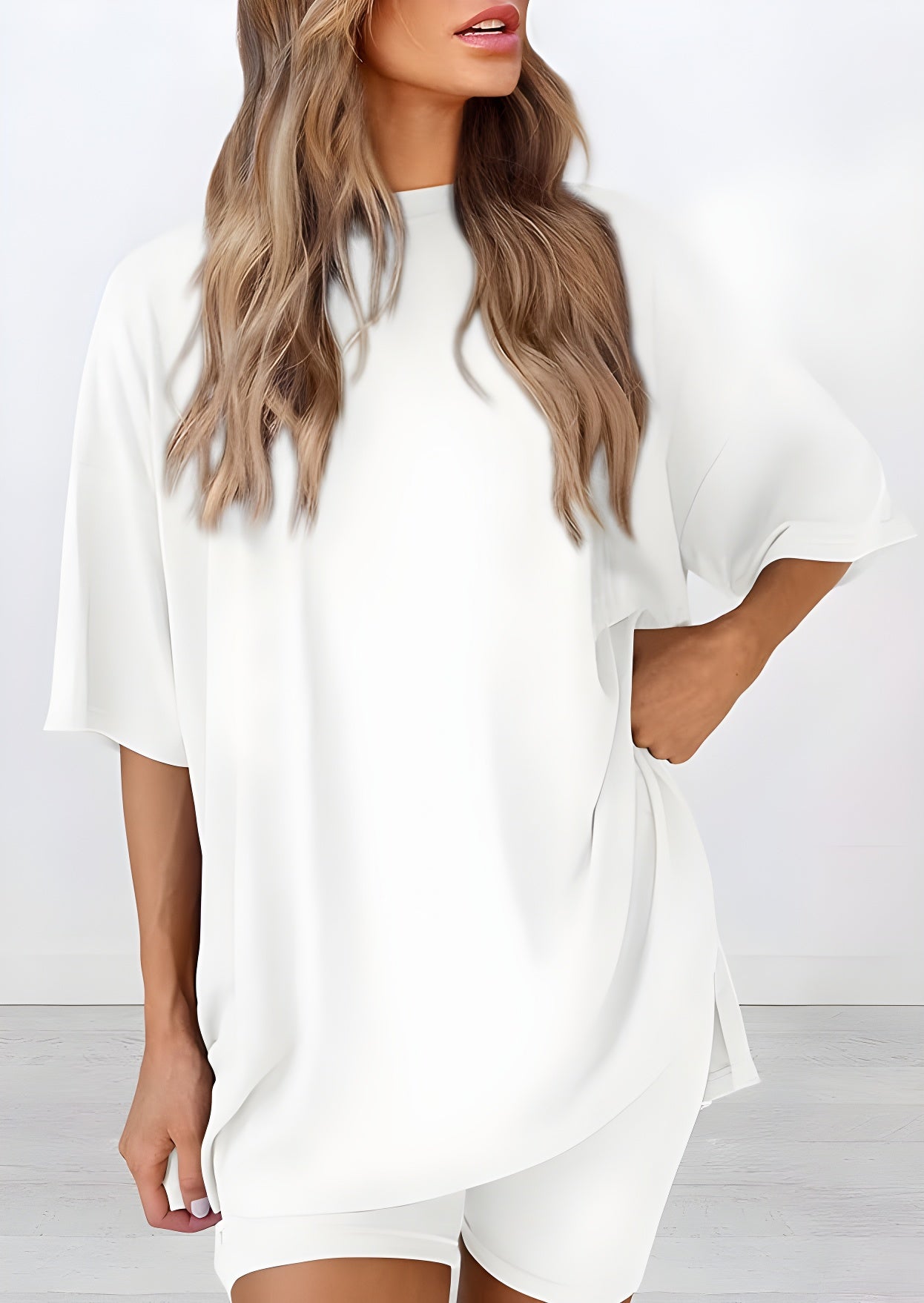 Buttery soft two piece loungewear set in white – oversized t-shirt and matching shorts for women, perfect for summer lounging