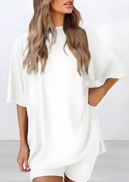 Buttery soft two piece loungewear set in white – oversized t-shirt and matching shorts for women, perfect for summer lounging